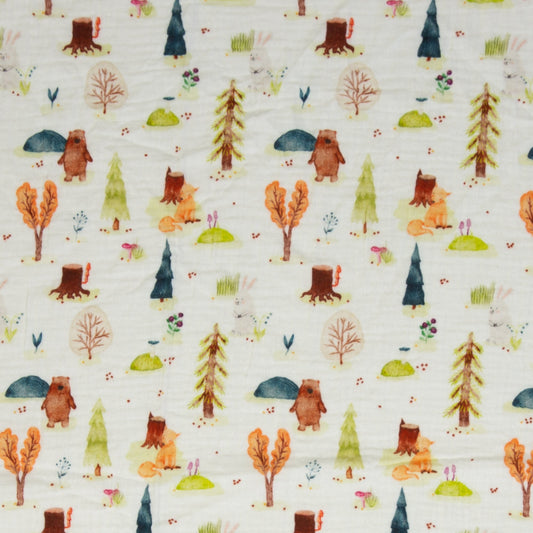 Muslin - bear with fox in the forest 130 g/m²