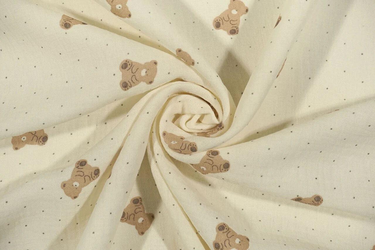 Muslin - teddy bears on a butter yellow background 125 g/m²