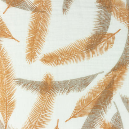 Muslin - orange and gray feathers 140 g/m²
