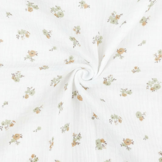 Muslin - flowers on an orange background 130 g/m²