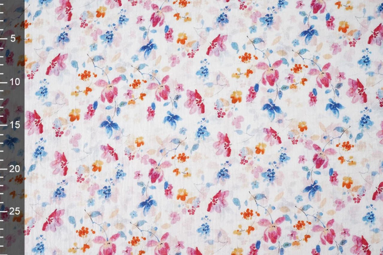 Image with muslin-blue and pink flowers – available online at Šarlotes audumi