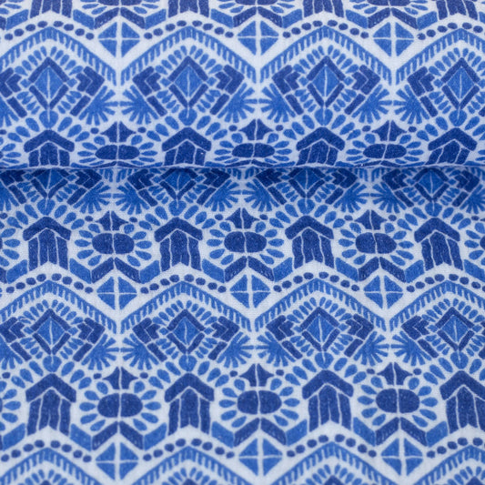Image of Muslin - blue geometric pattern 130 g/m² – available at Šarlotes audumi