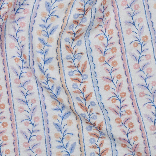 Image of Muslin - blue line and leaf pattern 120 g/m² – available from Šarlotes audumi