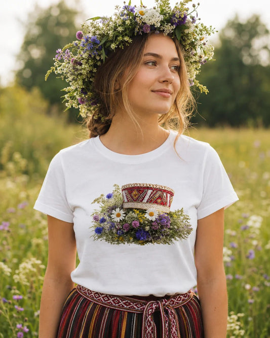 Image of organic cotton T-shirt "Crown in the Meadow" – available at Charlotte's Fabrics