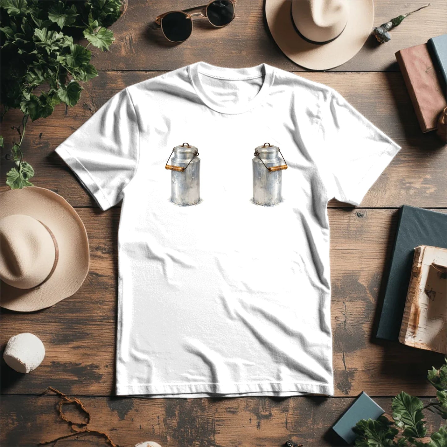 Image of organic cotton T-shirt "Milk Jugs" – available online at Charlotte's Fabrics