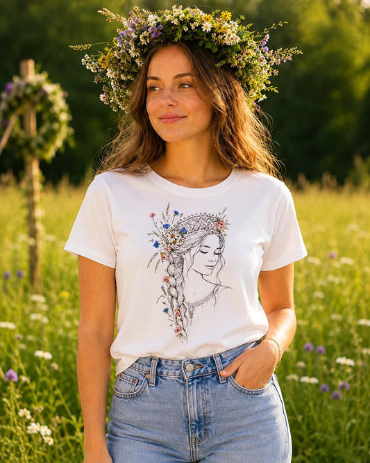 Image of organic cotton T-shirt "Tautu meita" – available at Šarlotes audumi