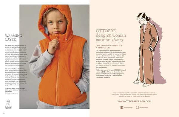 Attēls ar OTTOBRE design Kids 4/2023 – bērnu apģērbu piegrieztņu žurnāls angļu valodā – pieejams internetā Šarlotes audumi