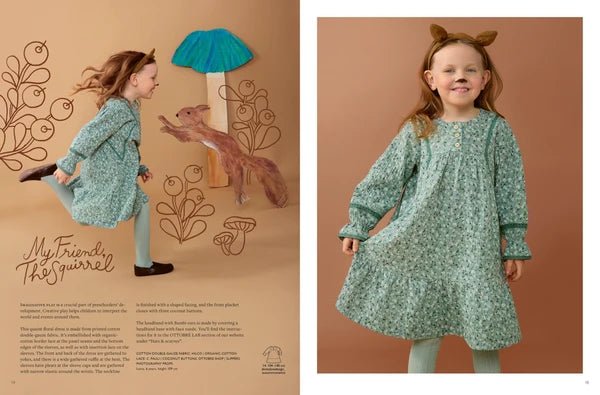 Attēls ar OTTOBRE design Kids 4/2023 – bērnu apģērbu piegrieztņu žurnāls angļu valodā – pieejams internetā Šarlotes audumi