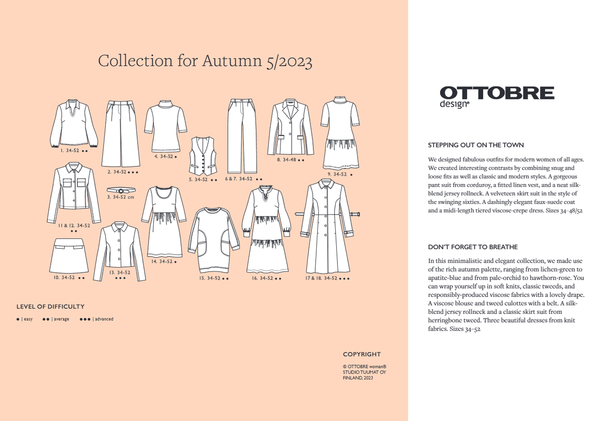 Okładka OTTOBRE design Woman 5/2023 – anglojęzyczny magazyn z wykrojami odzieży damskiej – dostępny online w sklepie Šarlotes audumi