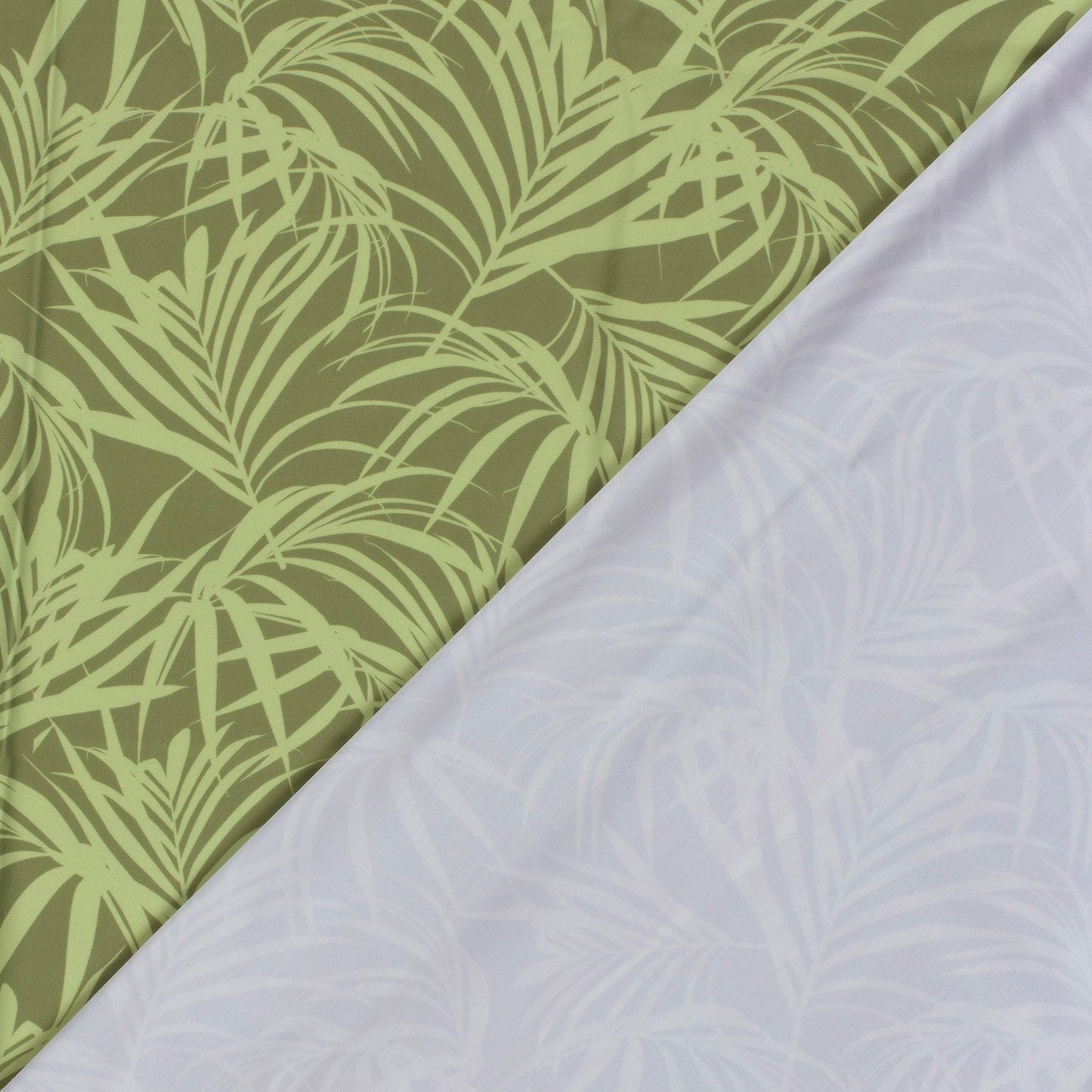 Image of swimwear lycra fabric with UPF50 protection – olive green leaves 200 g/m² – available at Šarlotes audumi