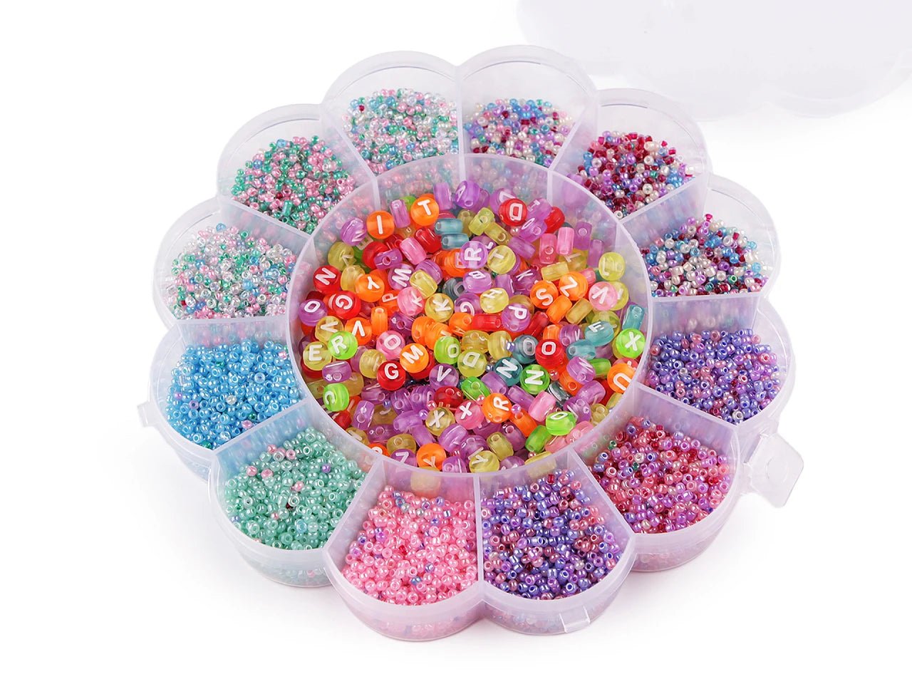 Image of a bead set in a flower-shaped box with nylon thread – available at Charlotte's Fabrics