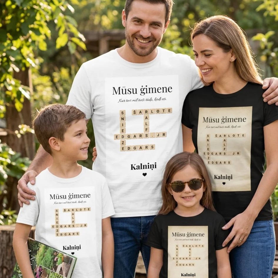 Image of a personalized family T-shirt in “Scrabble” style – available at Charlotte Fabrics
