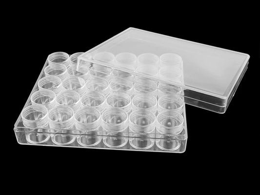 Plastic storage box with 30 screw-top containers