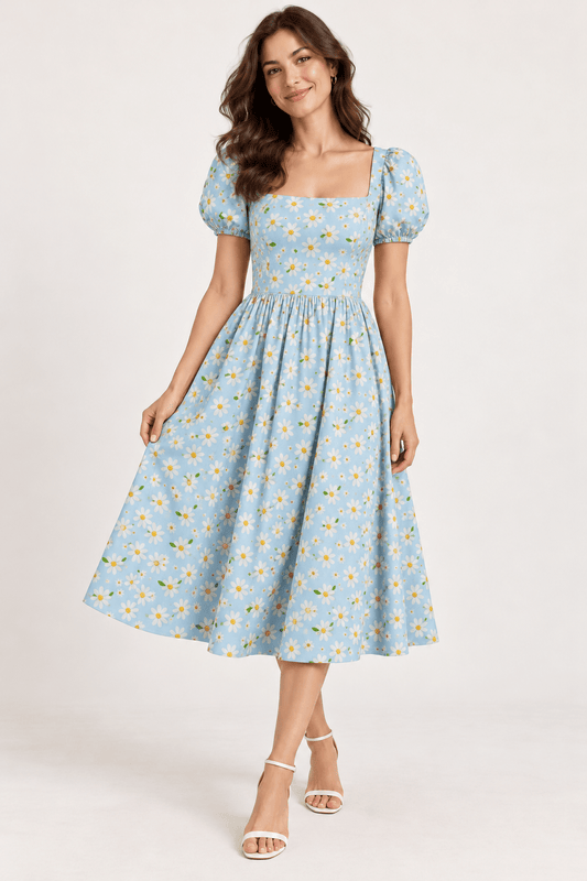 Popelina w stokrotki na niebieskim tle – dostępna online w sklepie Charlotte's Fabrics
