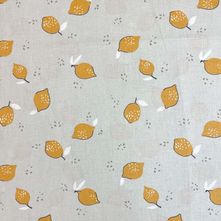 Premium 100% bawełniana tkanina - cytryny na jasnoszarym tle 115 g/m²