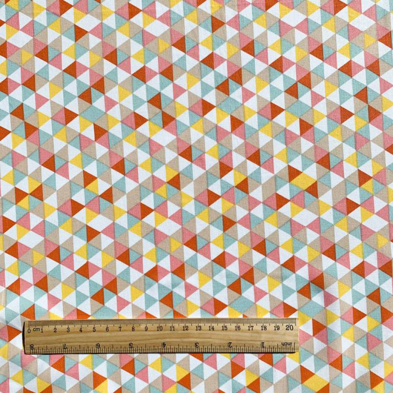 Premium 100% cotton fabric - yellow, orange, mint triangles 115 g/m²