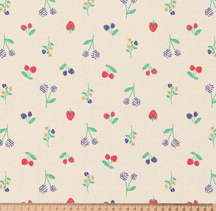 Image with Premium 100% cotton fabric - cherries and flowers 115 g/m² – available at Šarlotes audumi