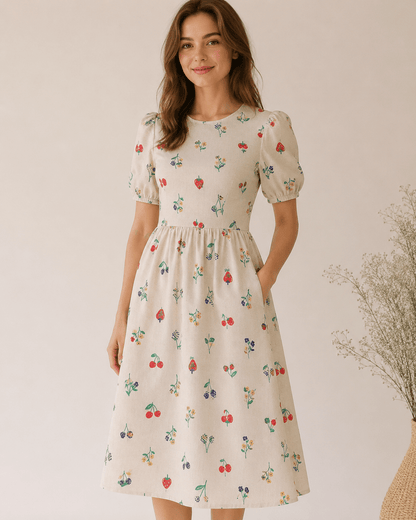 Image with premium 100% cotton fabric - cherries and flowers, 115 g/m² – available at Šarlotes audumi