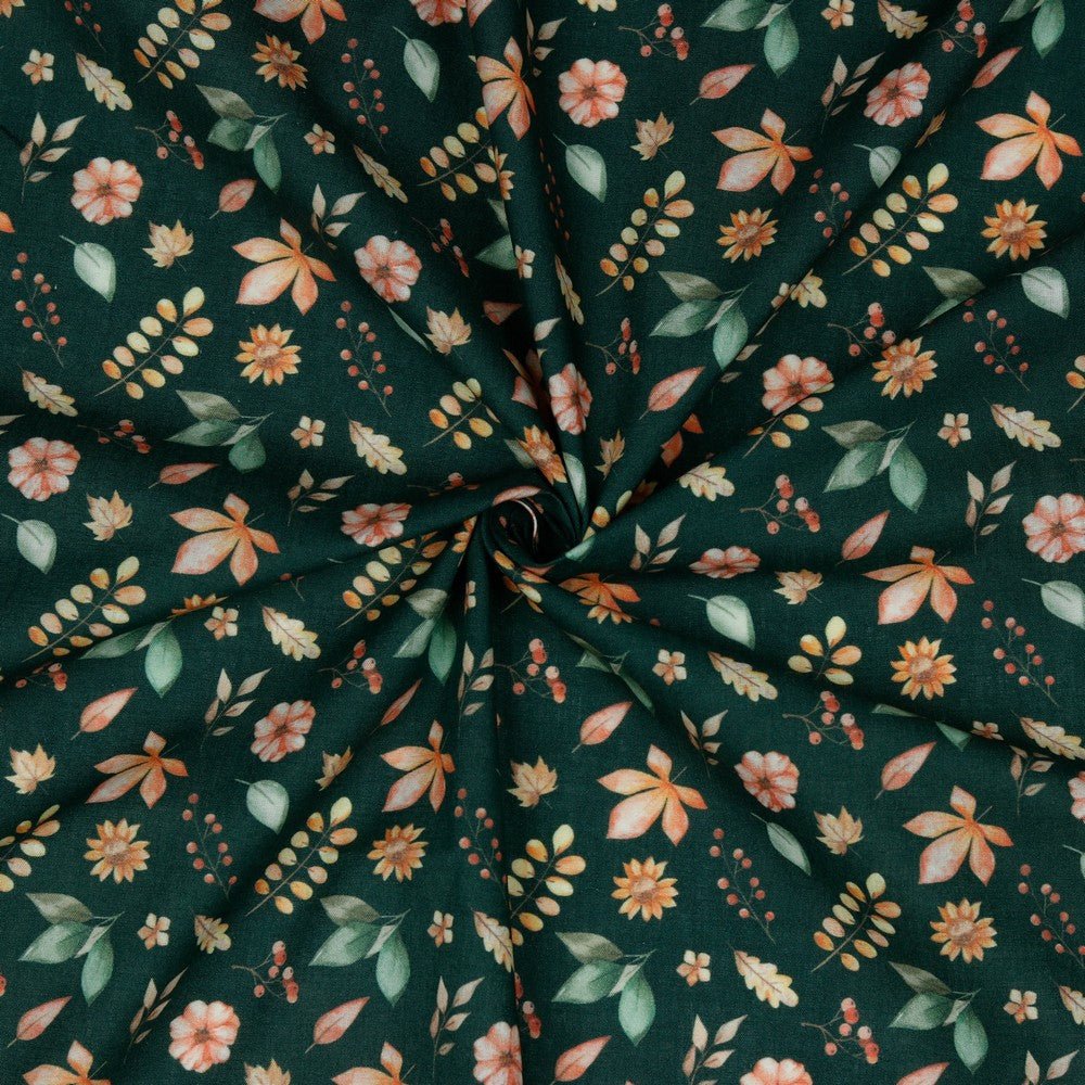 Premium 100% cotton fabric with leaves and flowers on a dark green background 105 g/m²