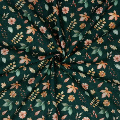 Premium 100% cotton fabric with leaves and flowers on a dark green background 105 g/m²
