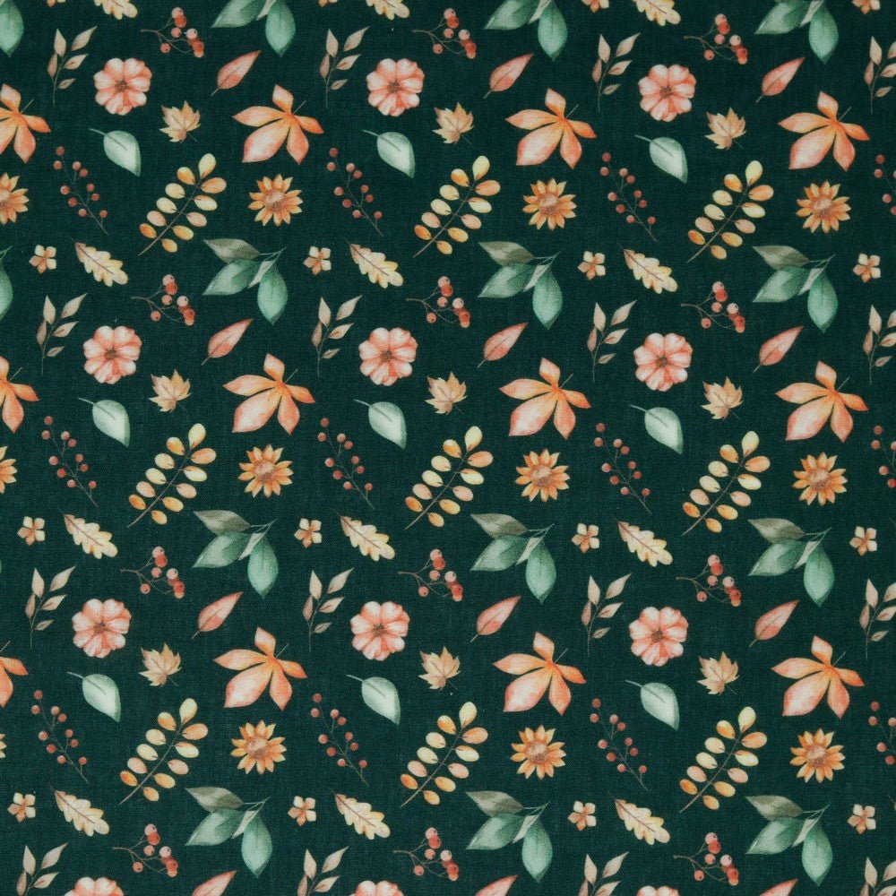 Premium 100% cotton fabric with leaves and flowers on a dark green background 105 g/m²