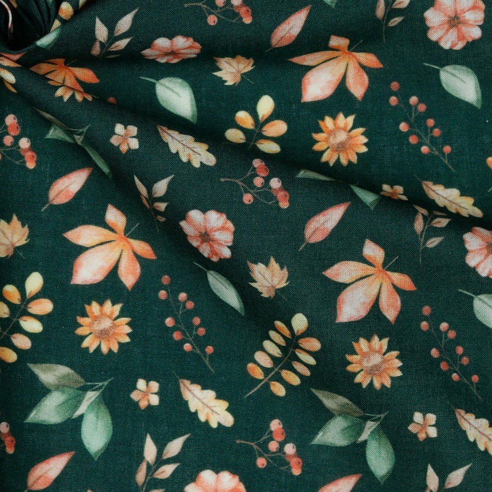 Premium 100% cotton fabric - leaves and flowers on a dark green background 105 g/m²