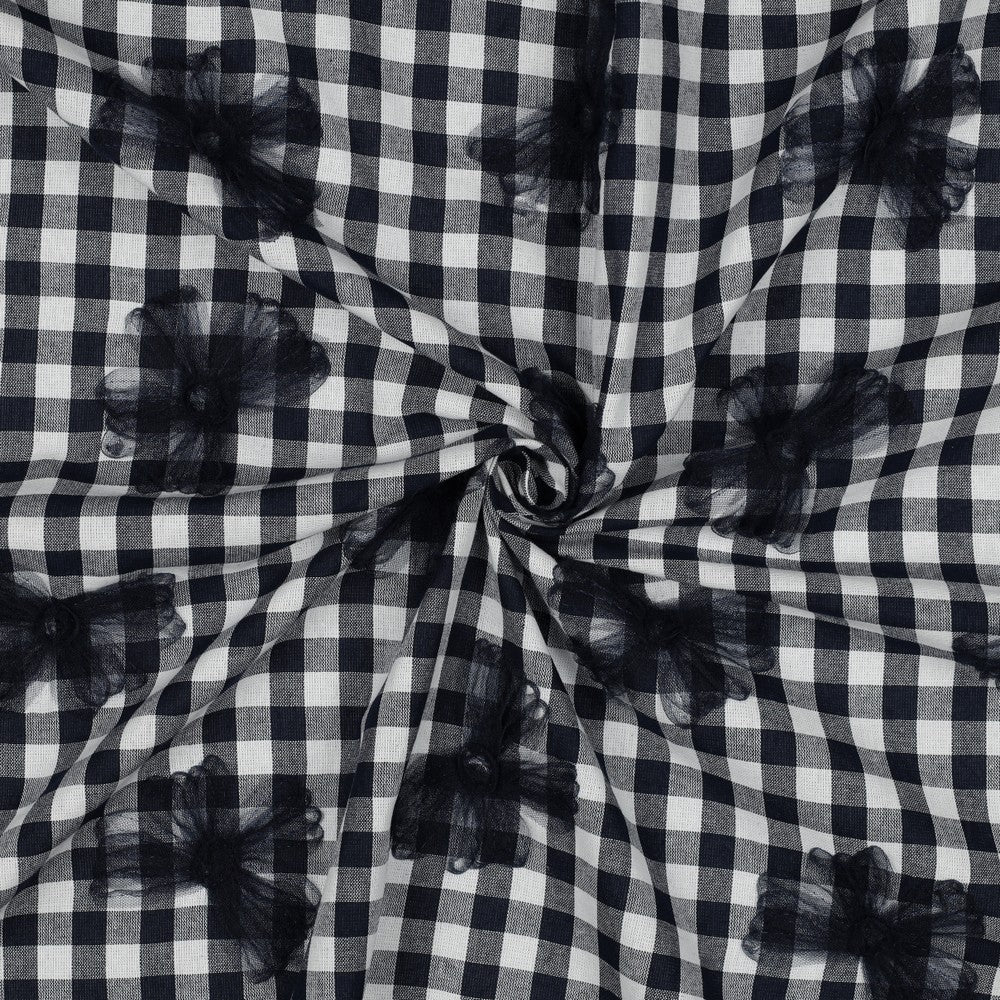 Image of Premium 100% cotton fabric - black and white with tulle bows 166 g/m² – available at Šarlotes audumi