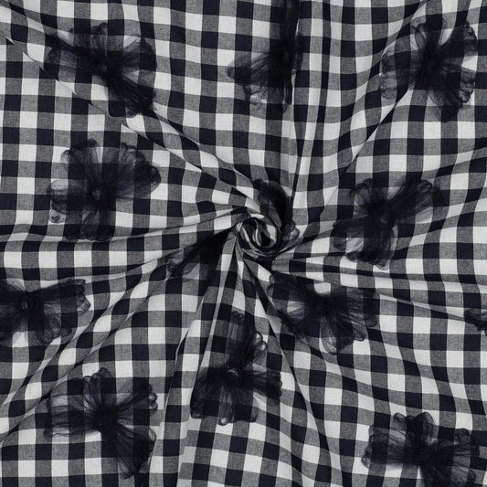 Image of Premium 100% cotton fabric - black and white with tulle bows 166 g/m² – available at Šarlotes audumi