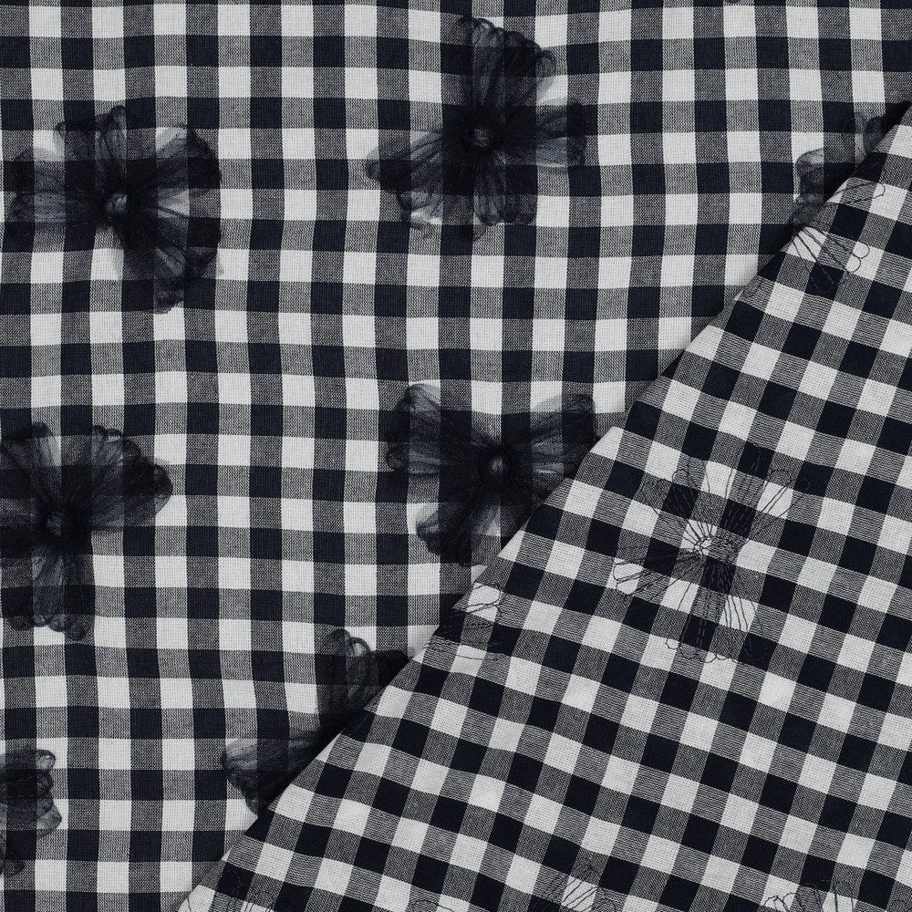 Image of Premium 100% cotton fabric - black and white with tulle bows 166 g/m² – available at Šarlotes audumi