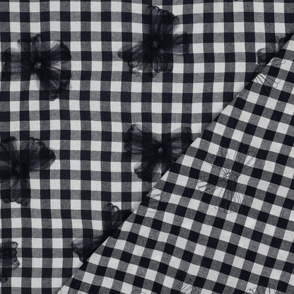 Image of Premium 100% cotton fabric - black and white with tulle bows 166 g/m² – available at Šarlotes audumi