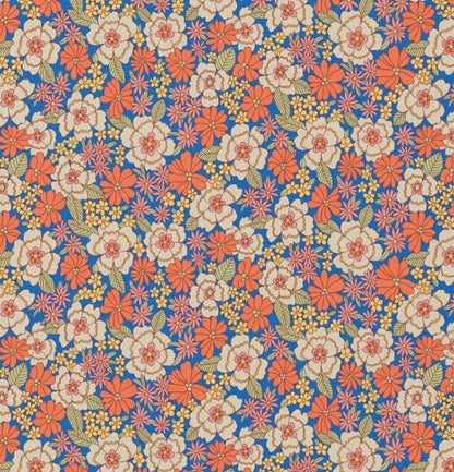 Image of premium 100% cotton fabric with flowers in orange tones, 115 g/m² – available at Šarlotes audumi