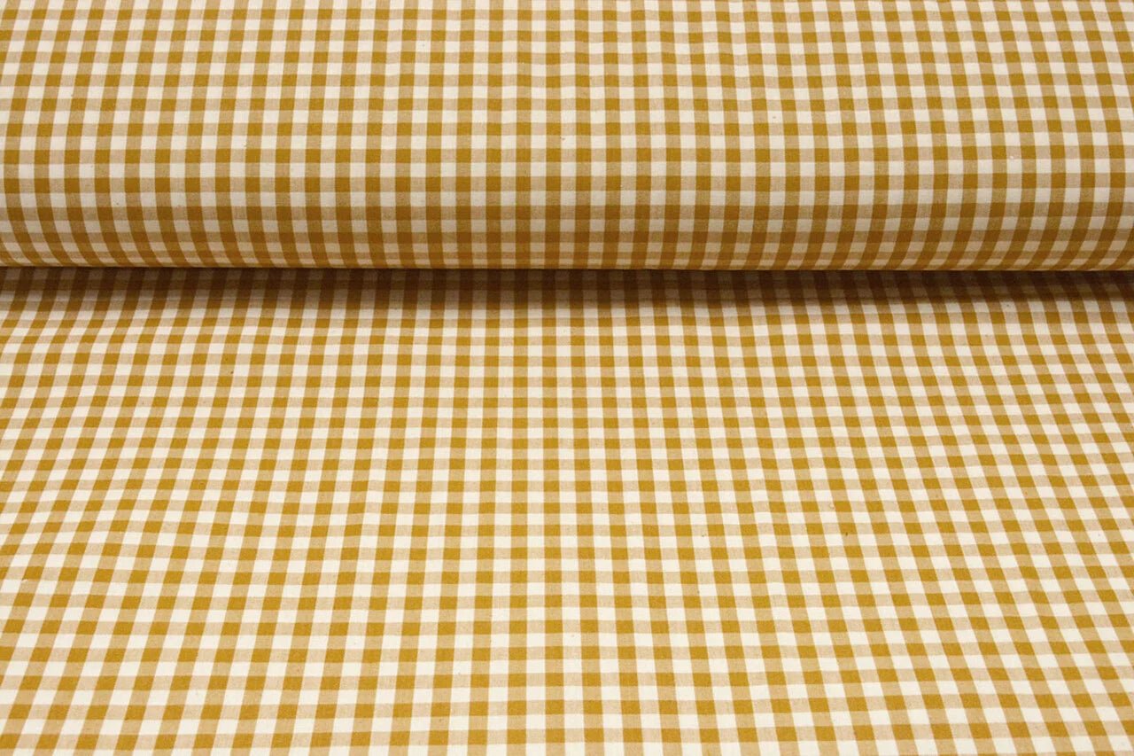 Image of premium cotton fabric in mustard yellow plaid – available online at Charlotte's Fabrics