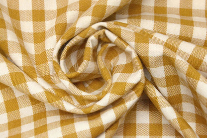 Premium cotton fabric, mustard yellow plaid, available online at Šarlotes audumi