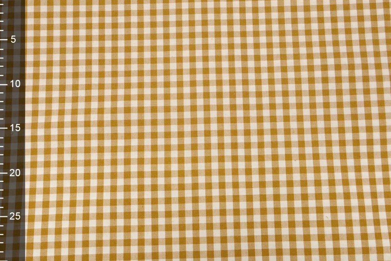 Image of premium cotton fabric in mustard yellow checkered pattern – available online, Šarlotes audumi