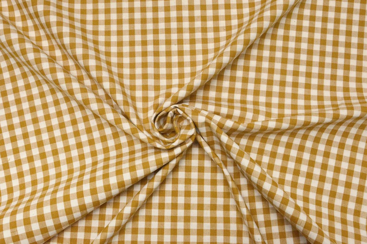 Image of premium cotton fabric, mustard yellow checkered – available online at Šarlotes audumi