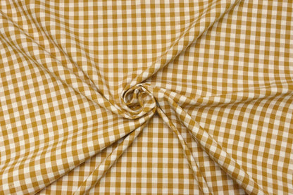 Image of premium cotton fabric, mustard yellow checkered – available online at Šarlotes audumi