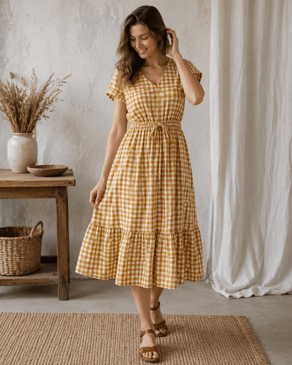 Image of premium cotton fabric in mustard yellow plaid – available online at Charlotte Fabrics