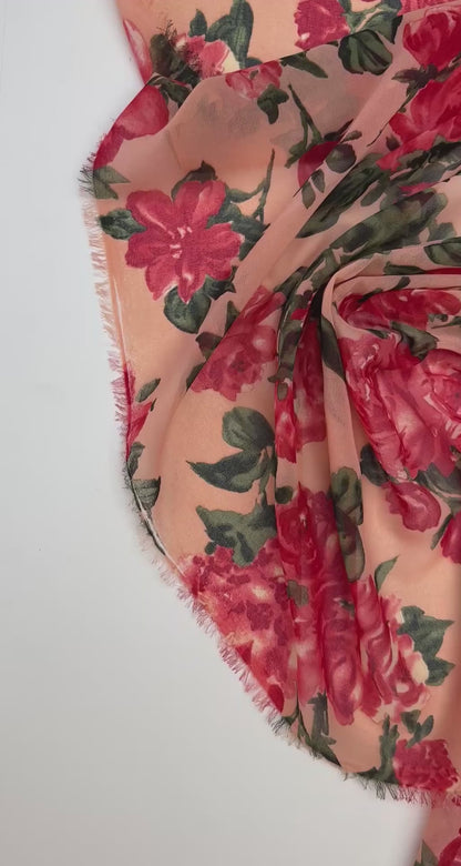 Polyamide crepe fabric with red floral pattern on a beige background – Italy
