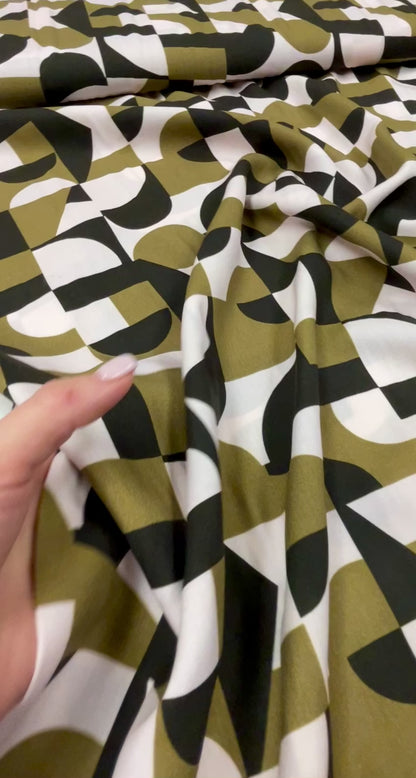 100% Viscose fabric - khaki, black and white pattern 125 g/m²