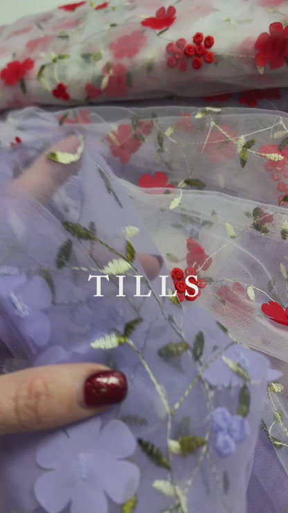 Embroidered tulle fabric with flowers, red 70 g/m²