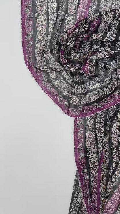 Italian chiffon fabric with black-purple paisley pattern and lurex thread 70 g/m²