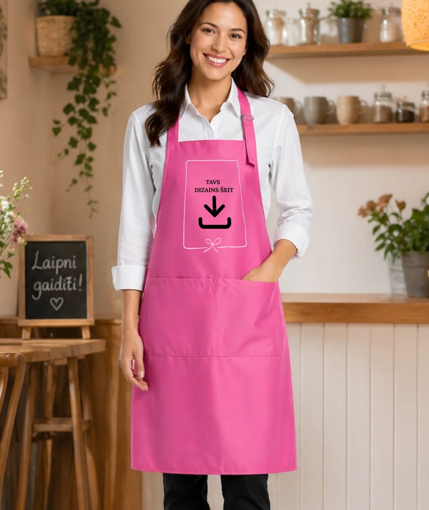 Image of an apron with your print - pink – available at Šarlotes audumi