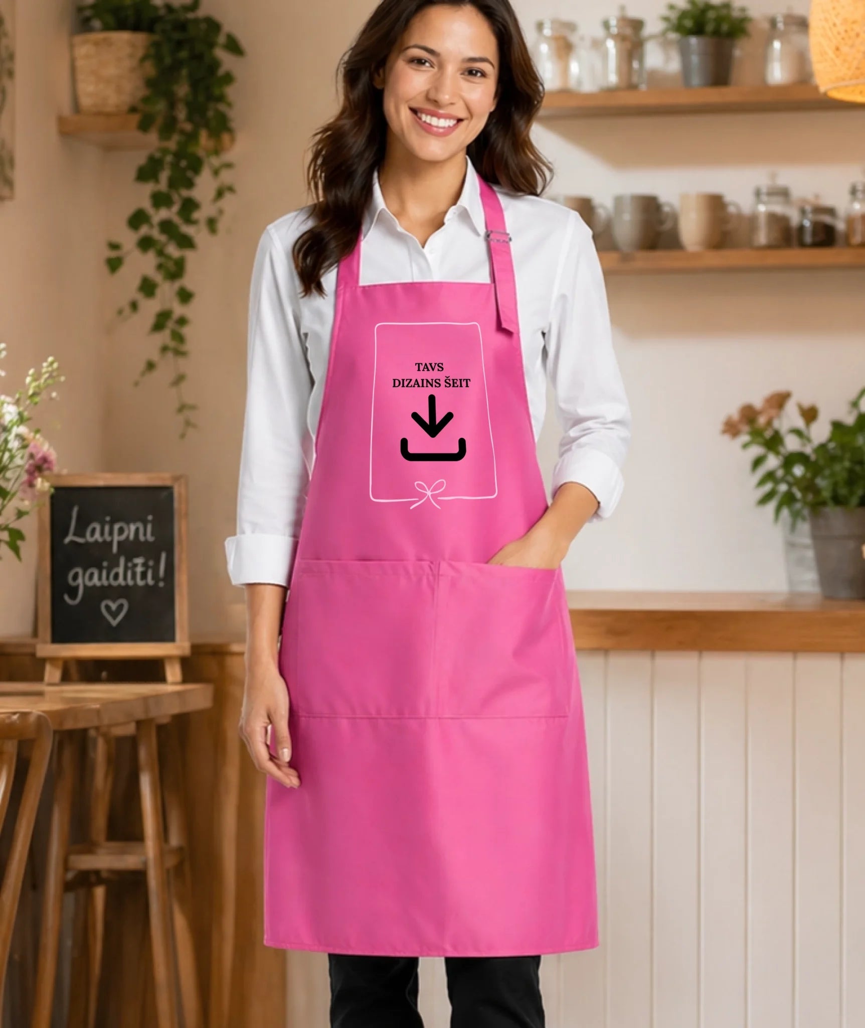 Image of an apron with your print - pink – available at Šarlotes audumi