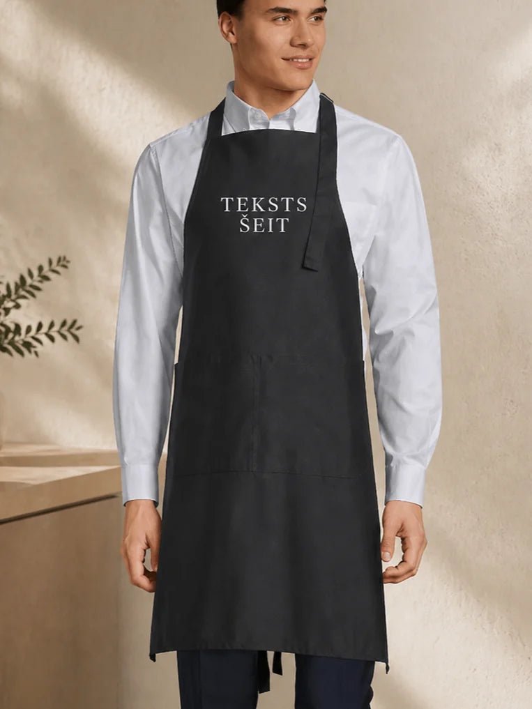 Image of an apron with your text - black – available at Šarlotes audumi