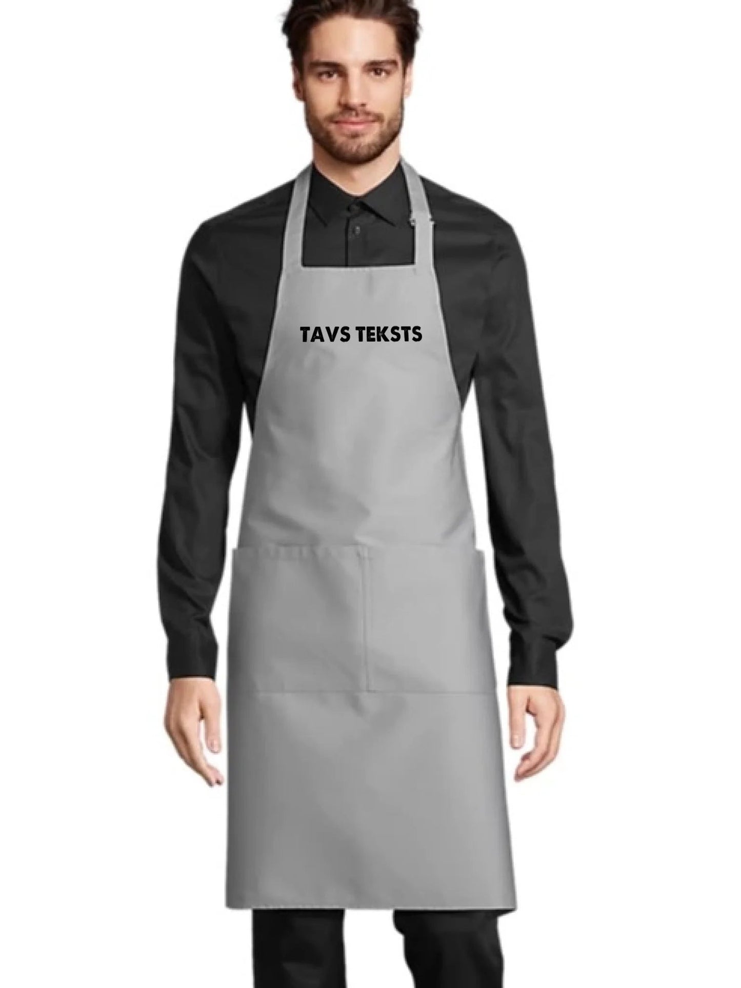 Image of an apron with your text - grey – available at Šarlotes audumi