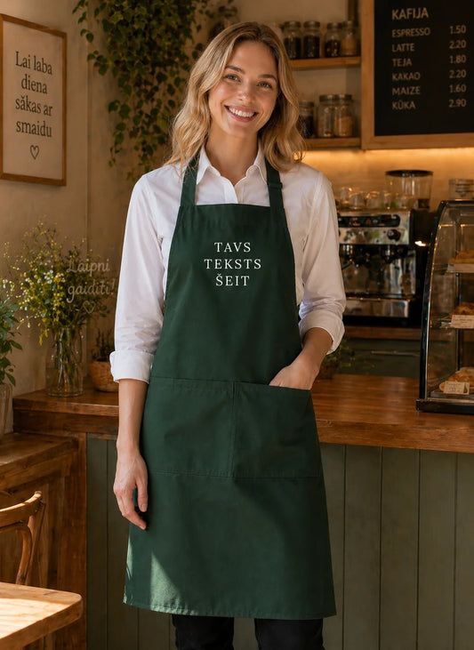 Image of an apron with your text - dark green – available at Charlotte's Fabrics