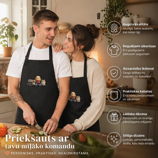 Image of a black apron with personalized cats – available at Šarlotes audumi