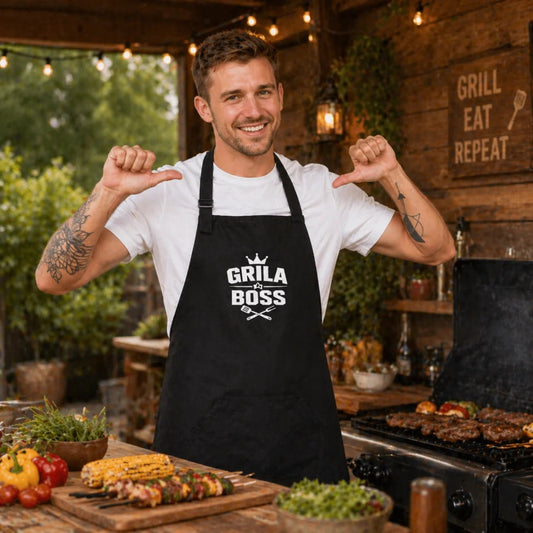 Image of black apron "Grill Boss" – available at Charlotte's Fabrics