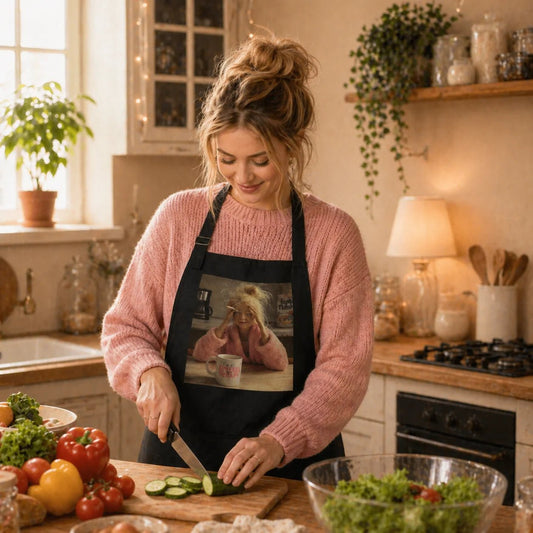Image of a black apron "GTFO" – available at Charlotte's Fabrics