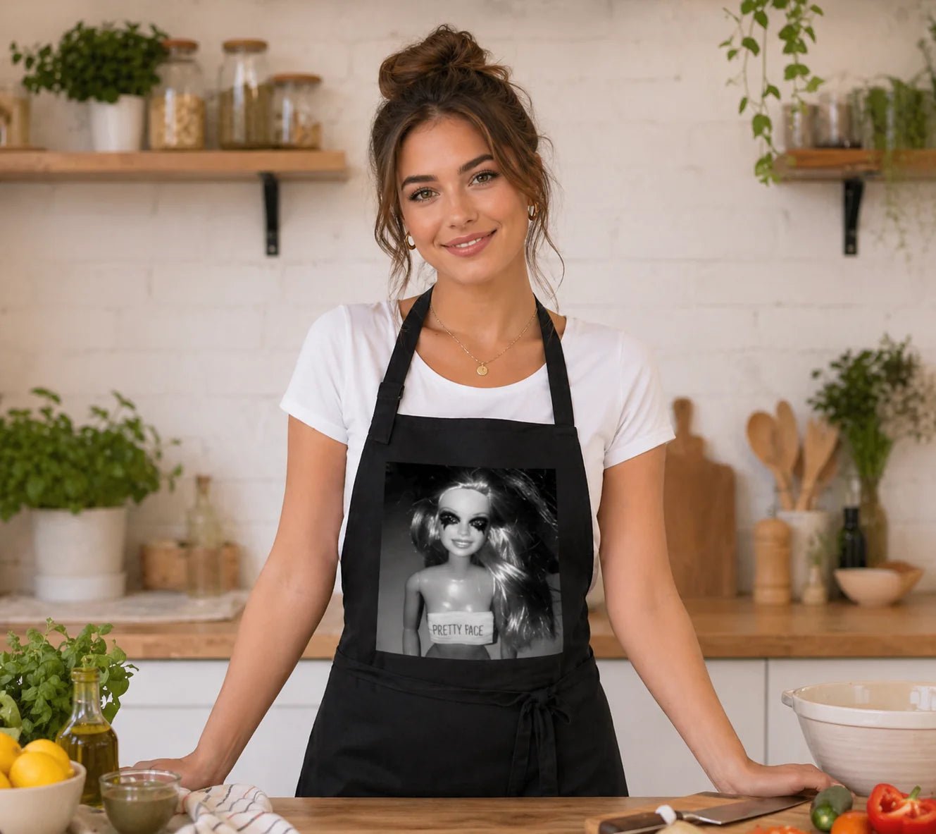 Image of black apron "Pretty face" – available from Charlote's Fabrics